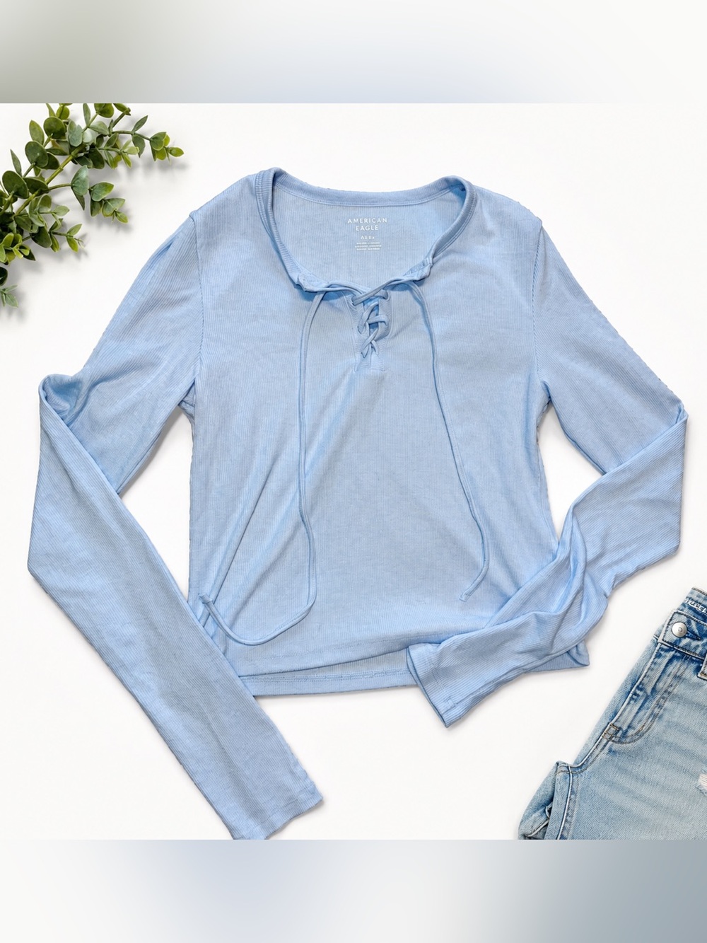 American Eagle Outfitters Light Blue Lace-Up Ribbed Long Sleeve Top